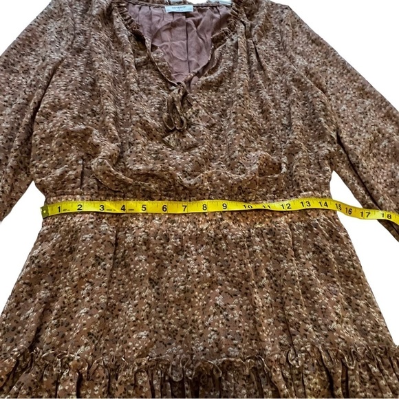 REVEROF Smocked Waist Ruffled Tie Neck Long Sleeve Boho Coquette Mini Dress L - Picture 13 of 16